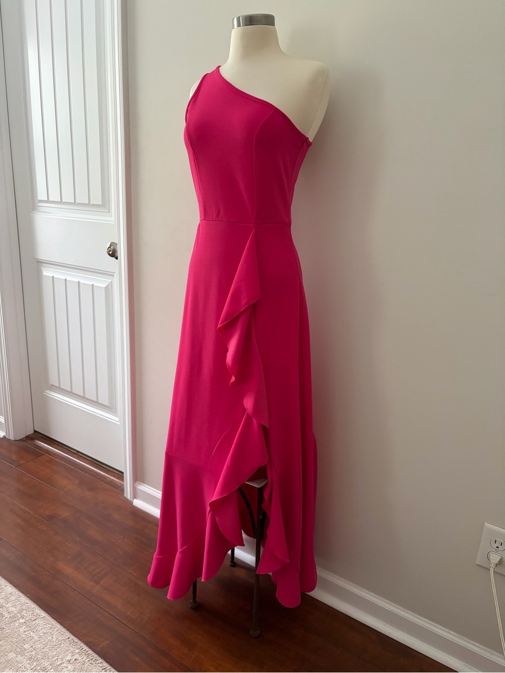 BTFBM One-Shoulder Fuchsia Ruffle Slit Dress S Barbiecore Modern Romance Hoco - Picture 3 of 12